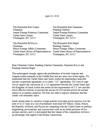 Non-Proliferation Letter to Congress about KSA 123 Agreement